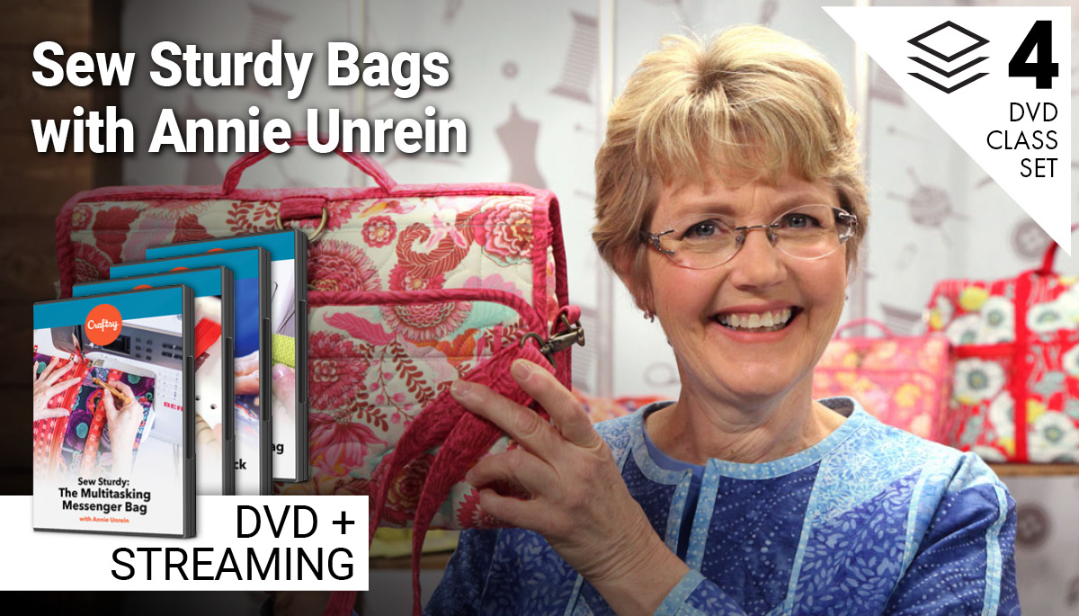The Multitasking Messenger Bag DVD set ad with a woman holding a sewn bag